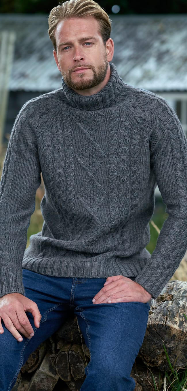 Pure Wool Knitted Aran Turtle Neck Sweater