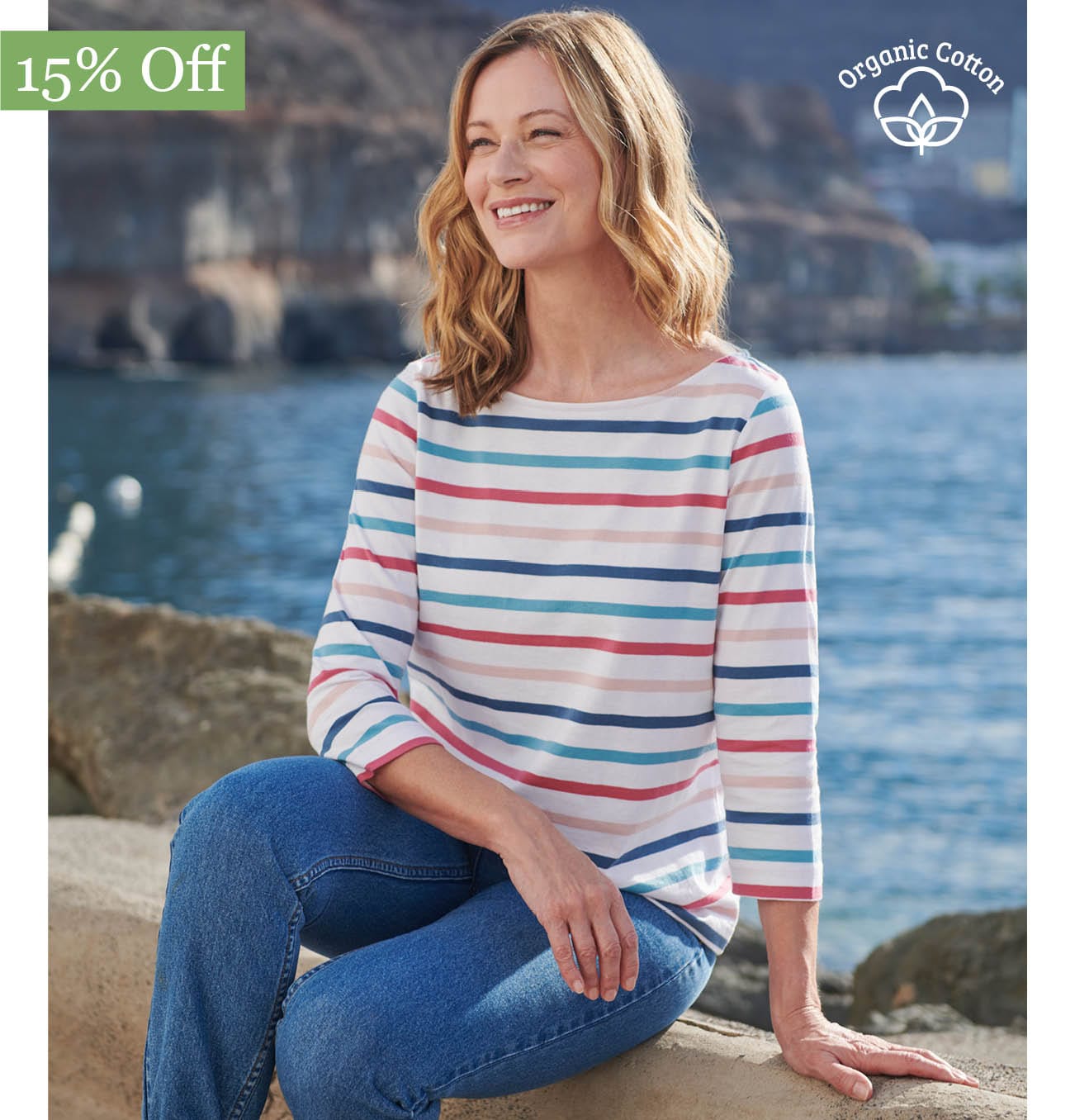 Organic Cotton Boat Neck 3/4 Sleeve Top