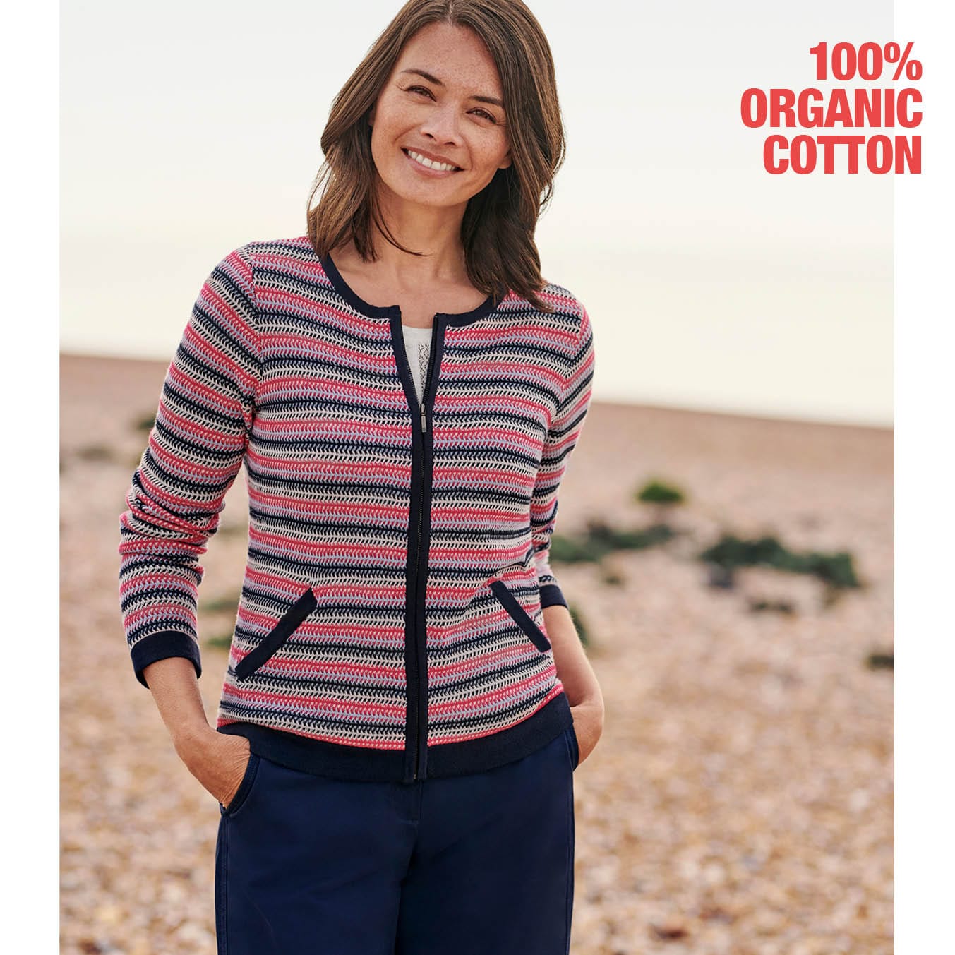 Organic Cotton Lightweight Textured Stripe Zip Up Cardigan