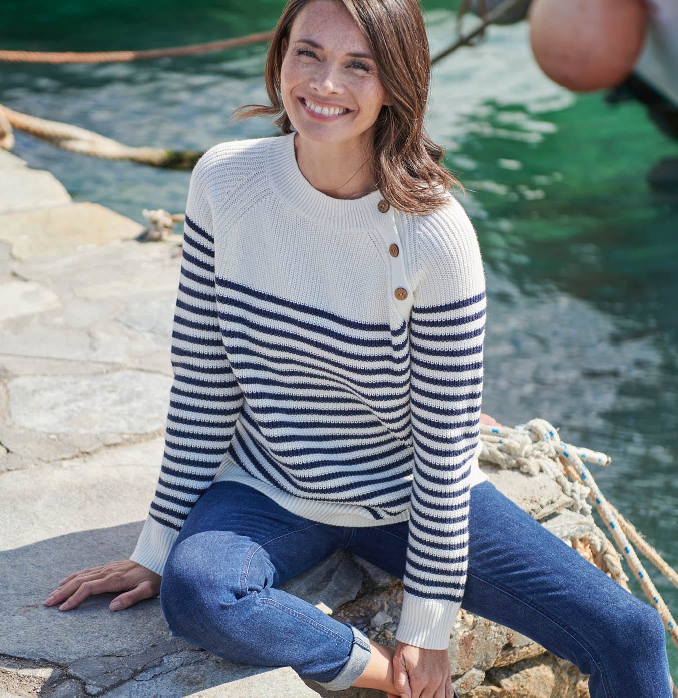 Side Button Breton Stripe Sweater