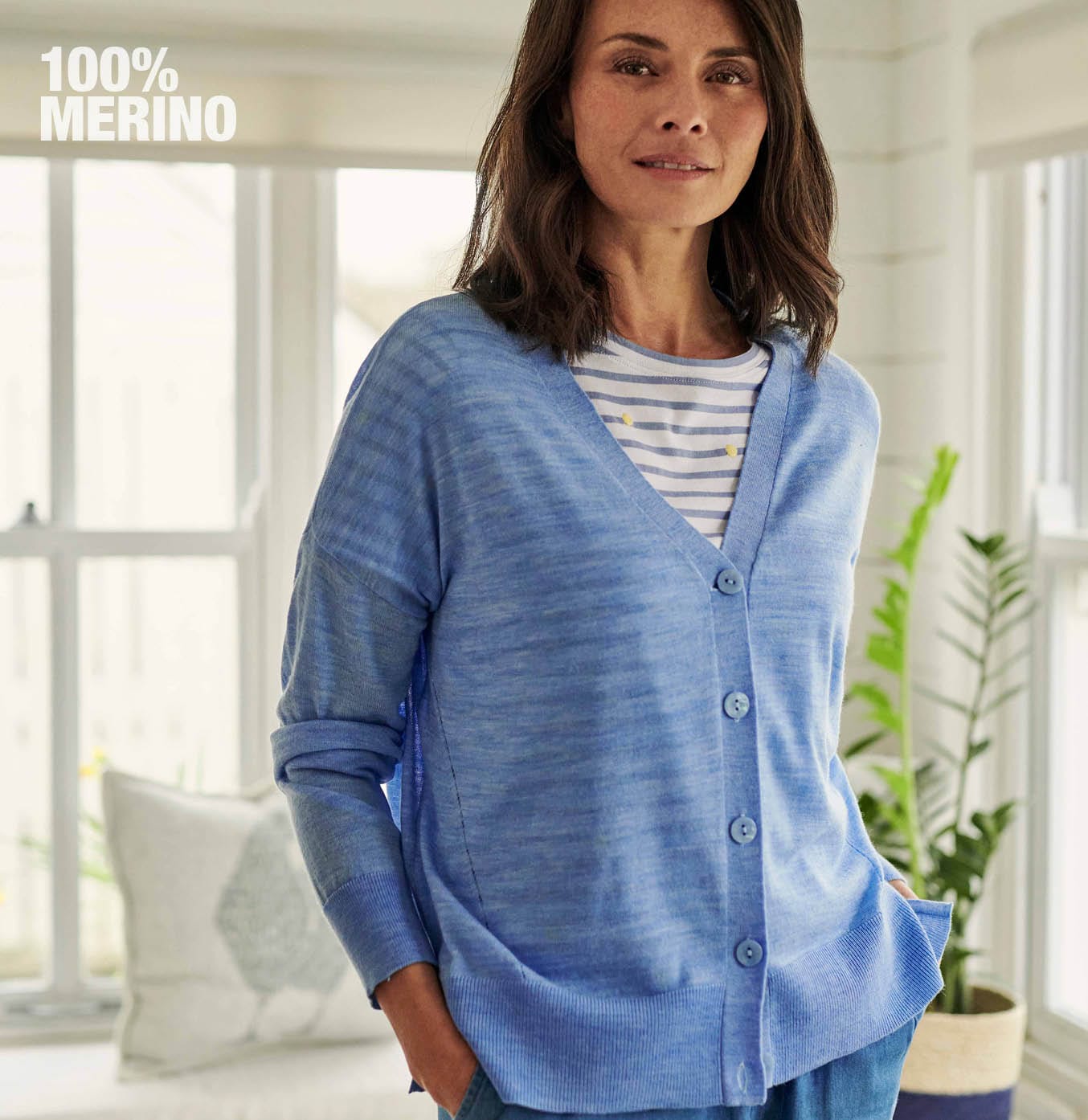 100% Fine Merino Side Split V Neck Cardigan