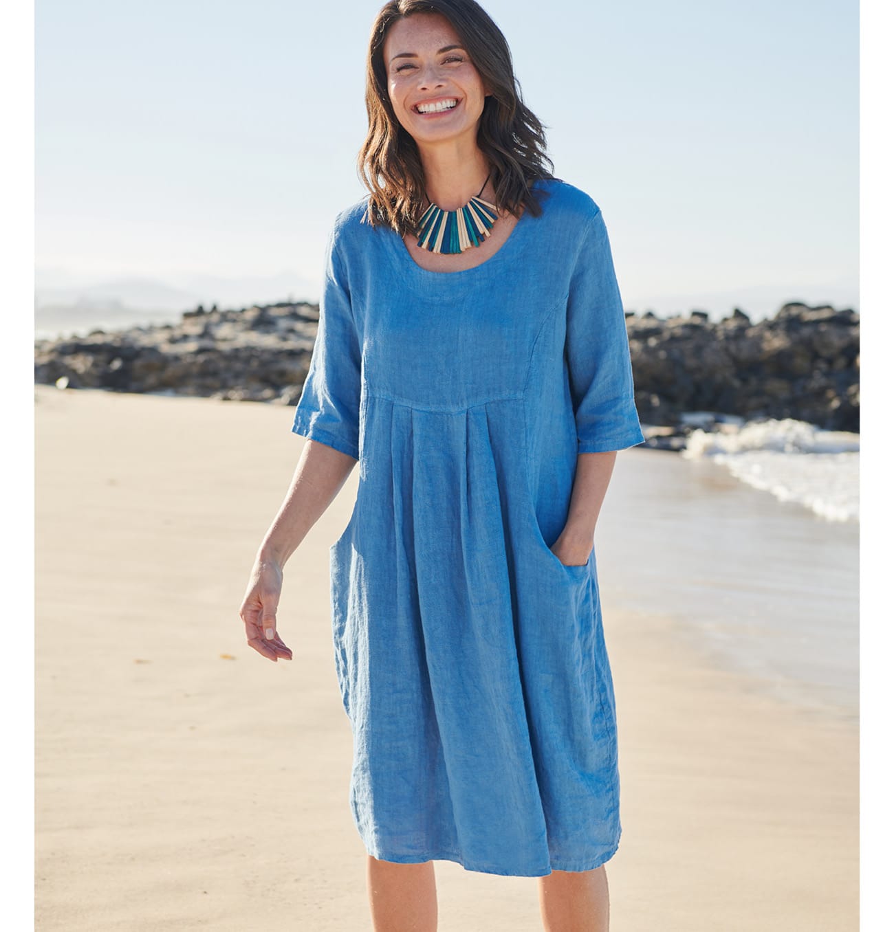 Womens Linen Pocket Tunic Dress