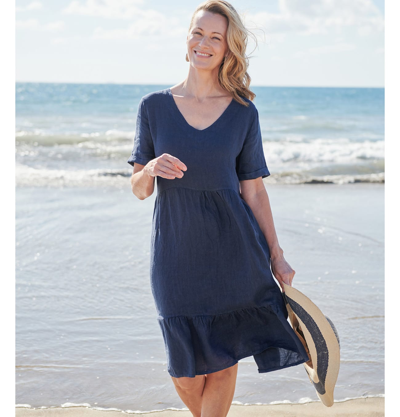 Linen V Neck Tiered Dress