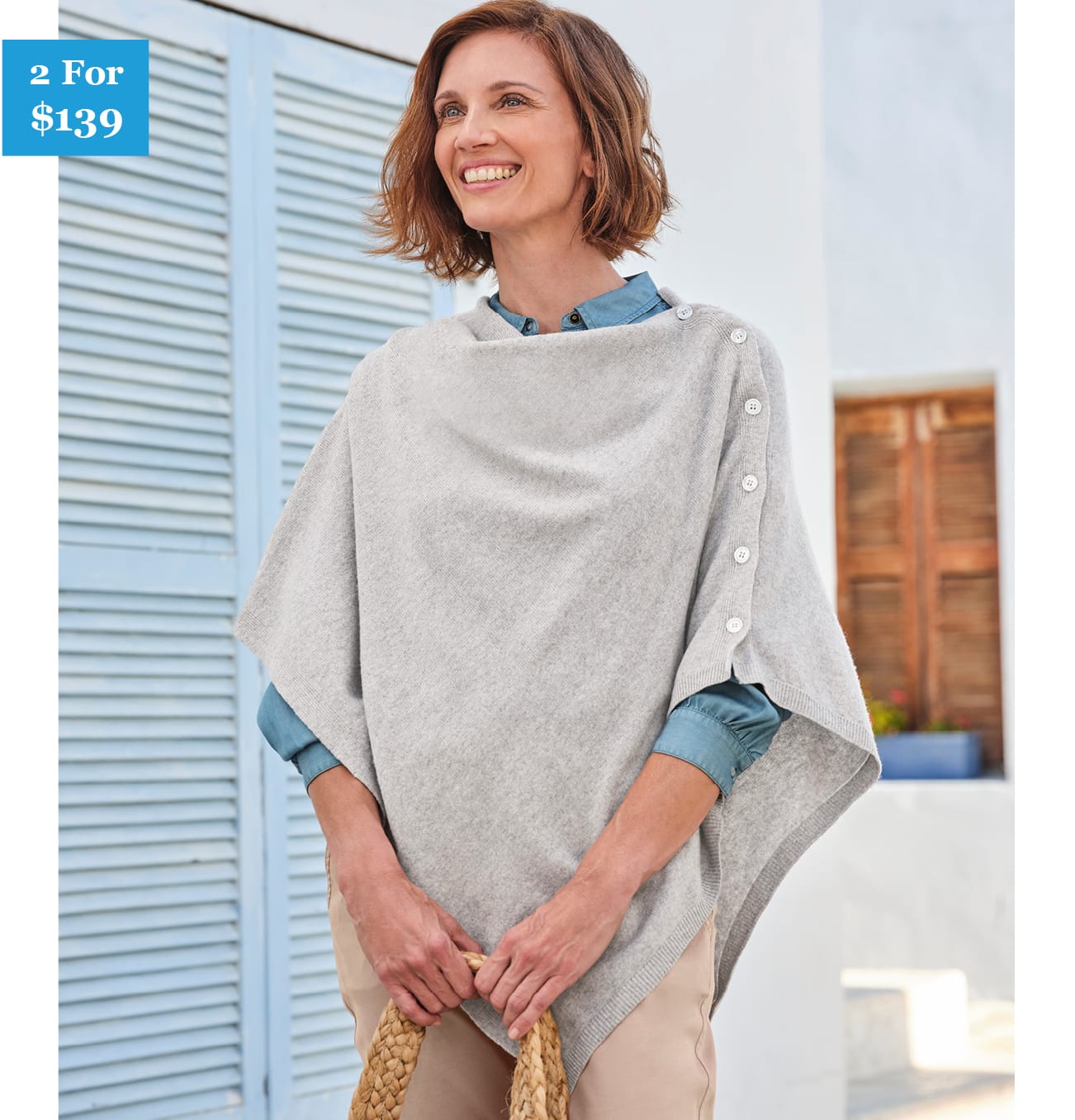 Cashmere Merino Blend Button Poncho