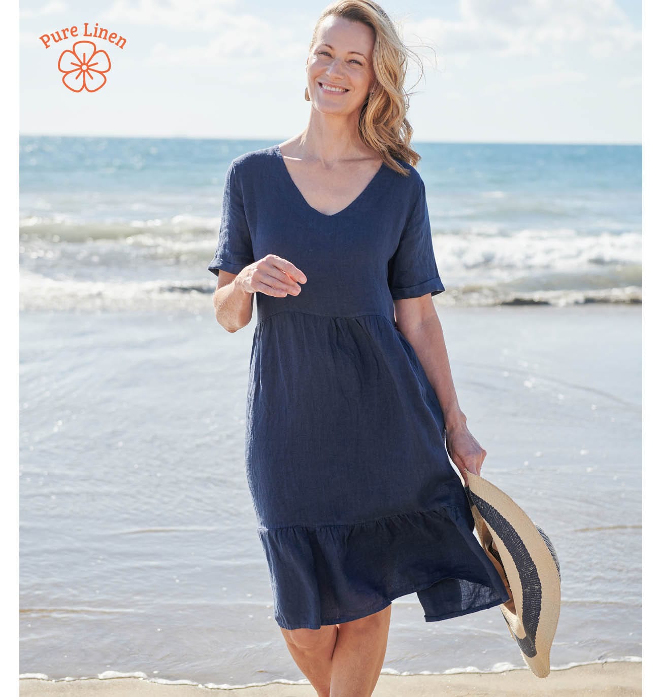 Linen V Neck Tiered Dress