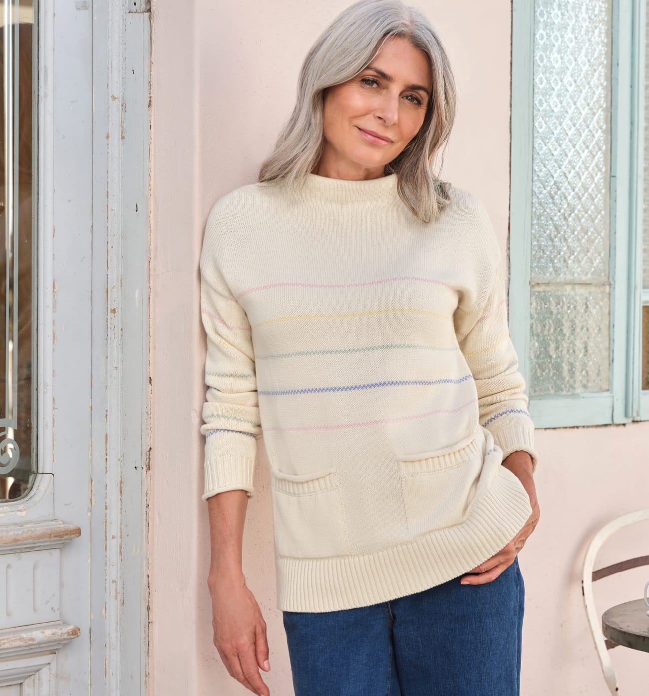 High Neck Pocket Stripe Sweater