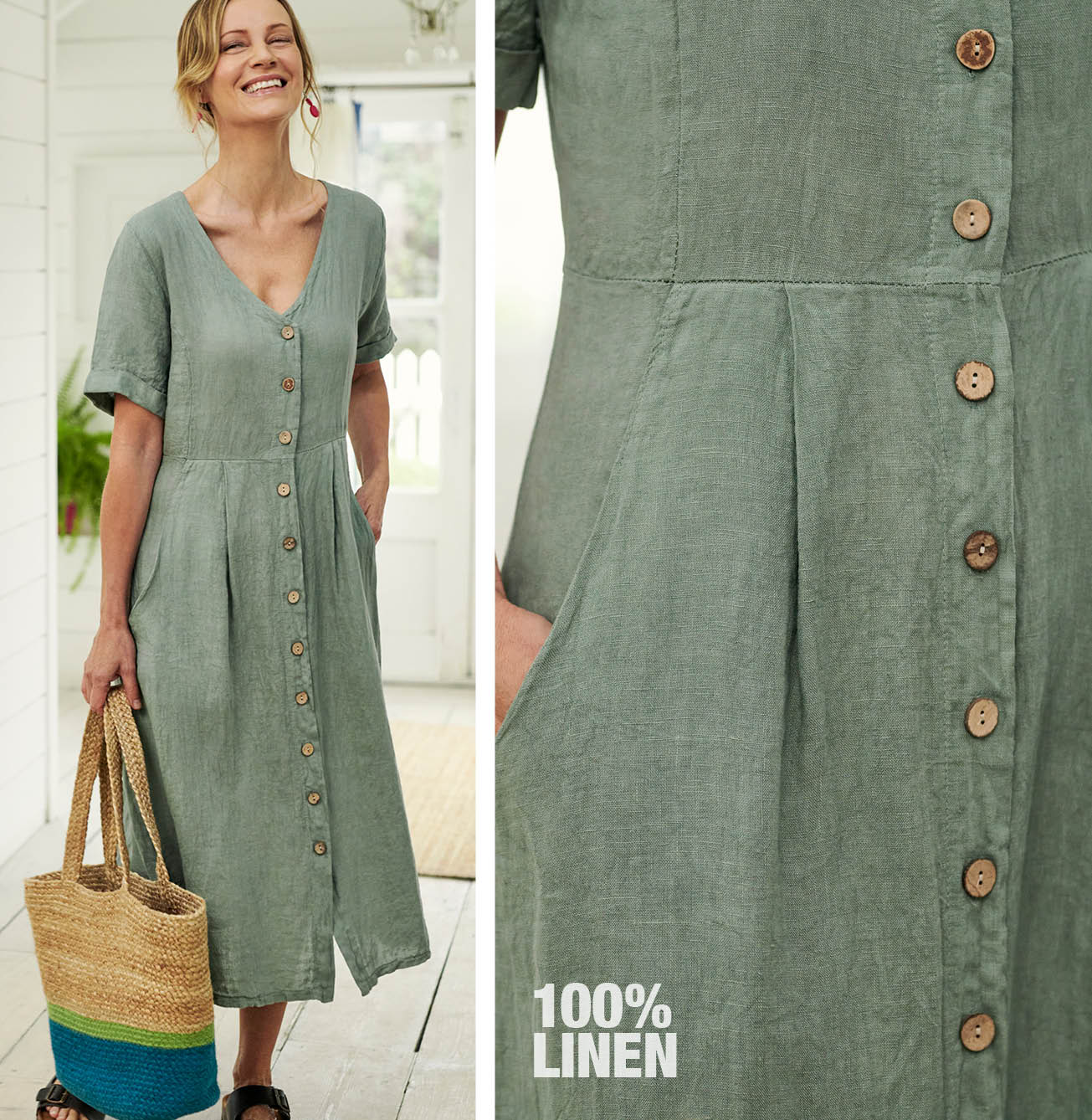 Button Through Linen Dress