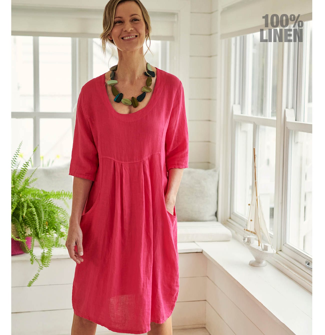 Womens Linen Pocket Tunic Dress