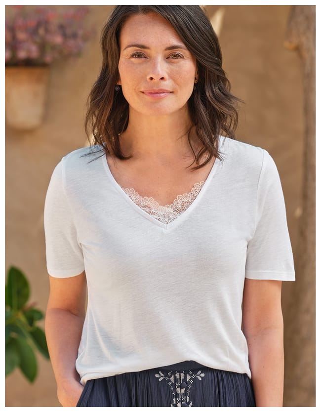 Linen Blend Lace Insert V Neck Top