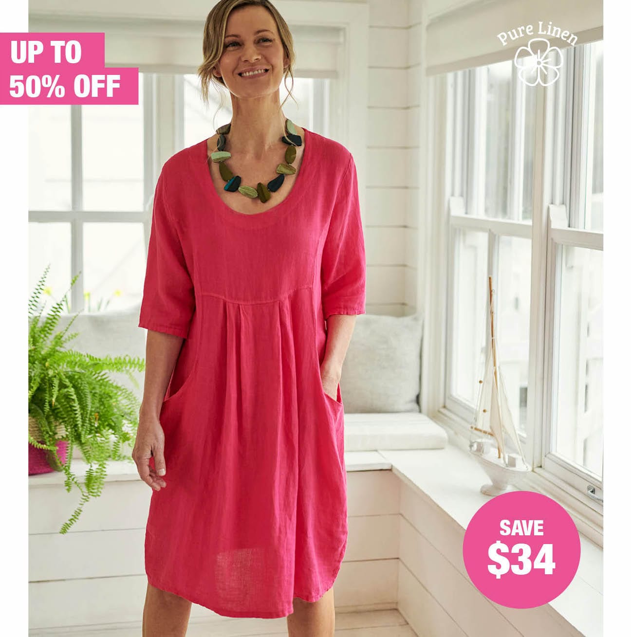 Womens Linen Pocket Tunic Dress