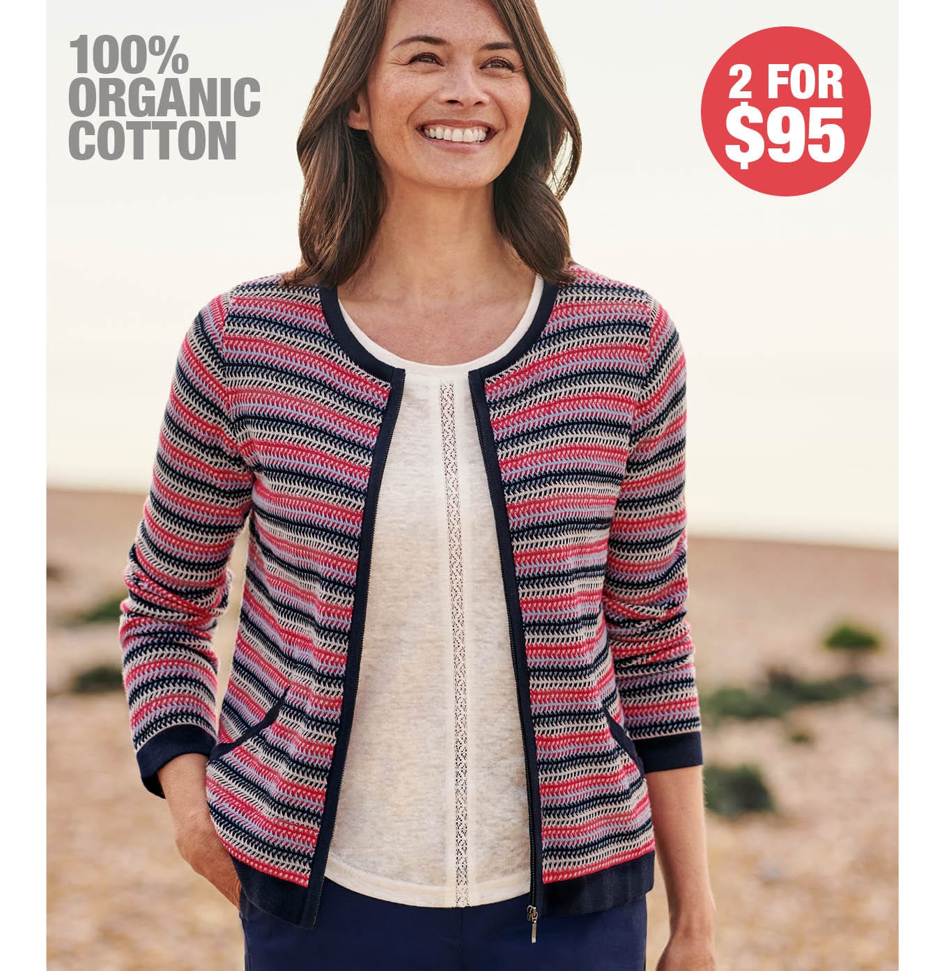 Organic Cotton Lightweight Textured Stripe Zip Up Cardigan