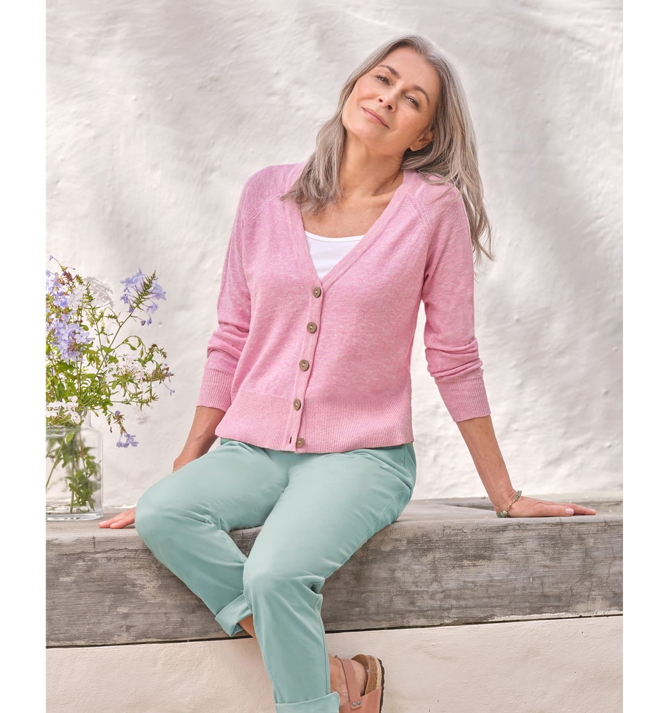 Linen Blend V Neck Cardigan