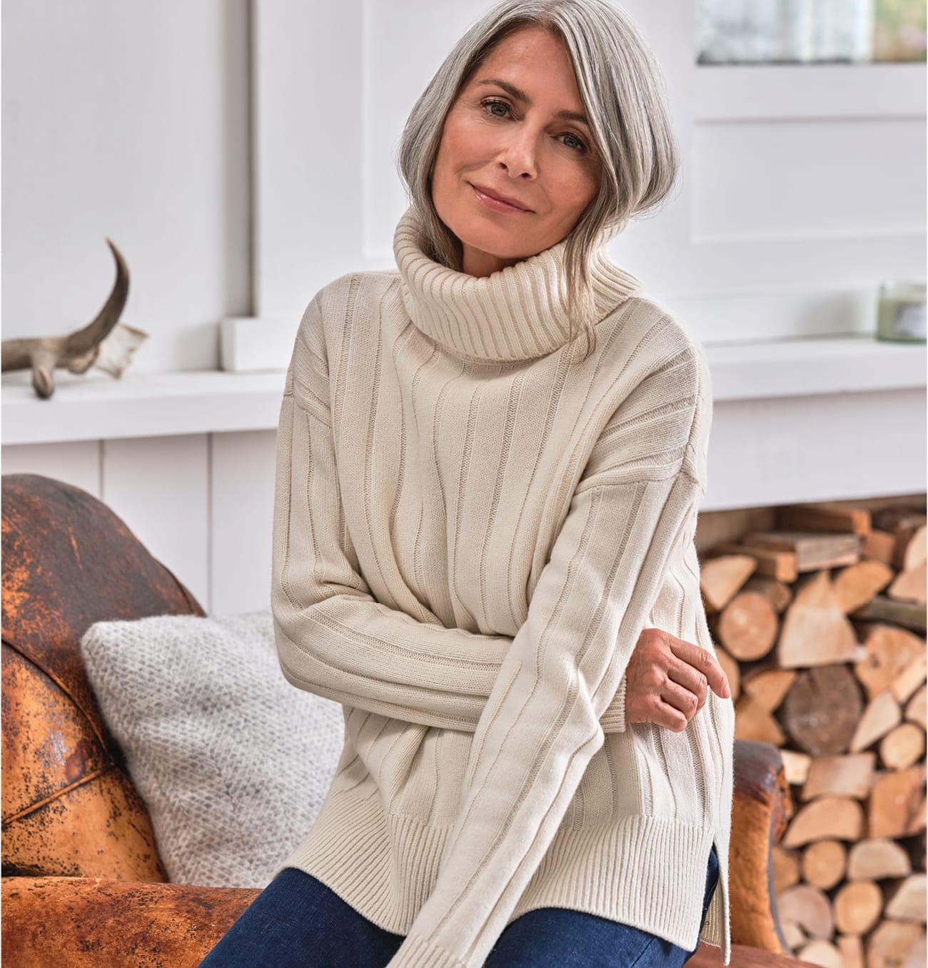 Chunky Roll Neck Wide Rib Sweater