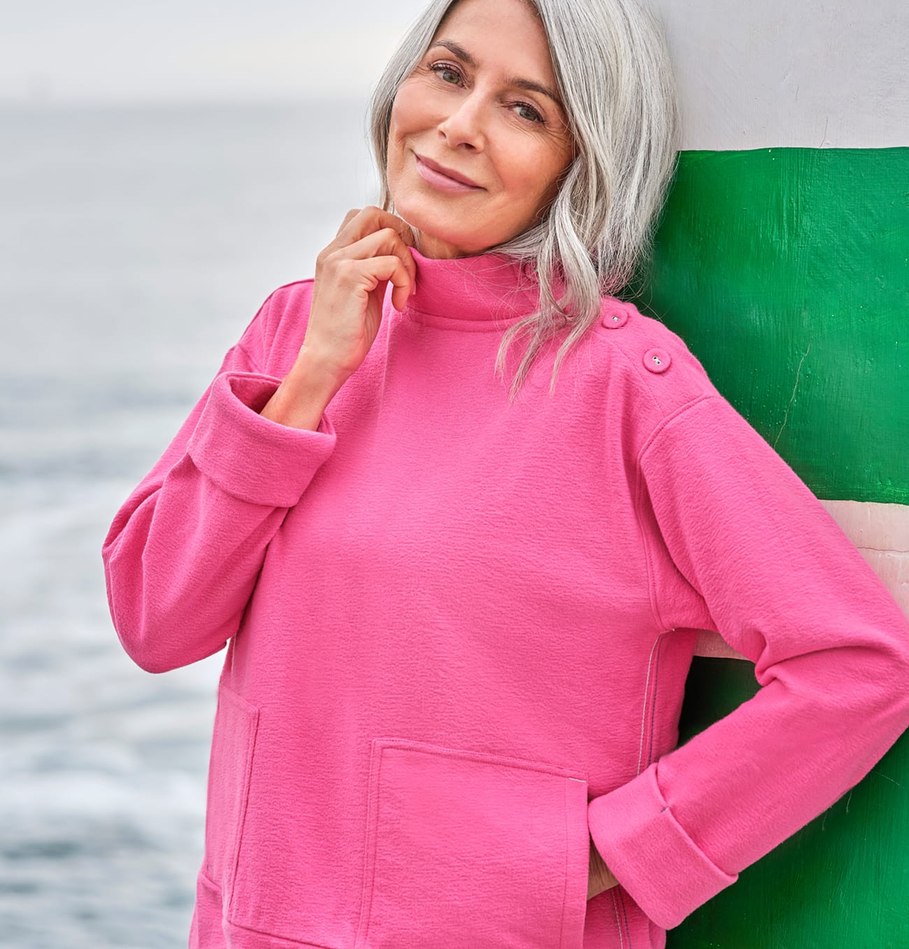 High Neck Button Shoulder Sweatshirt