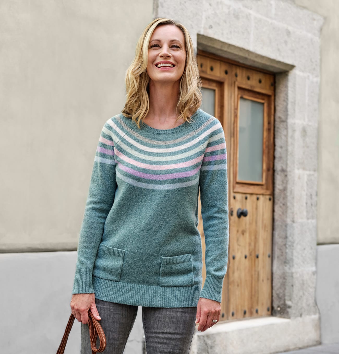 Stripe Yoke Longline Pocket Sweater