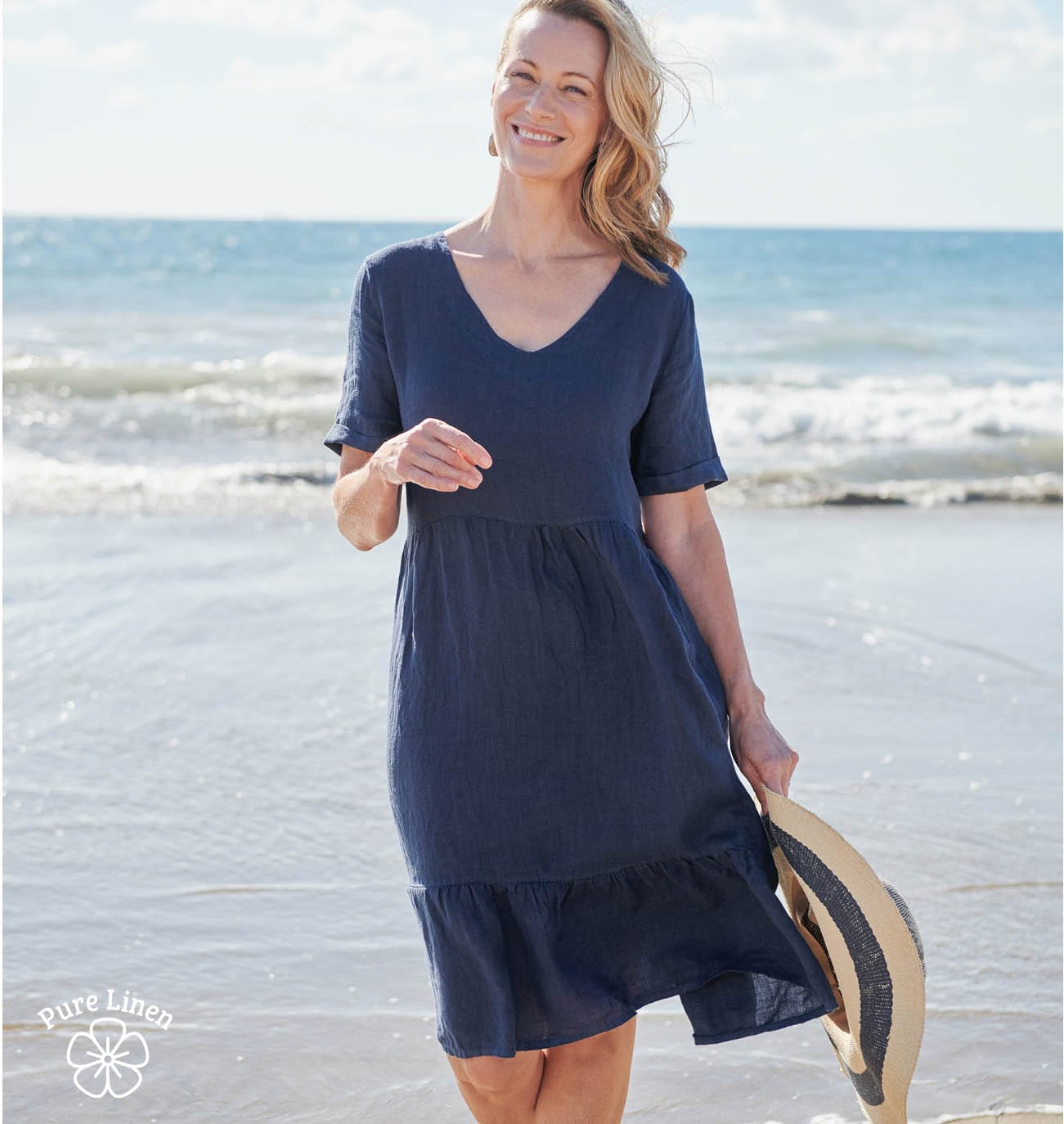 Linen V Neck Tiered Dress